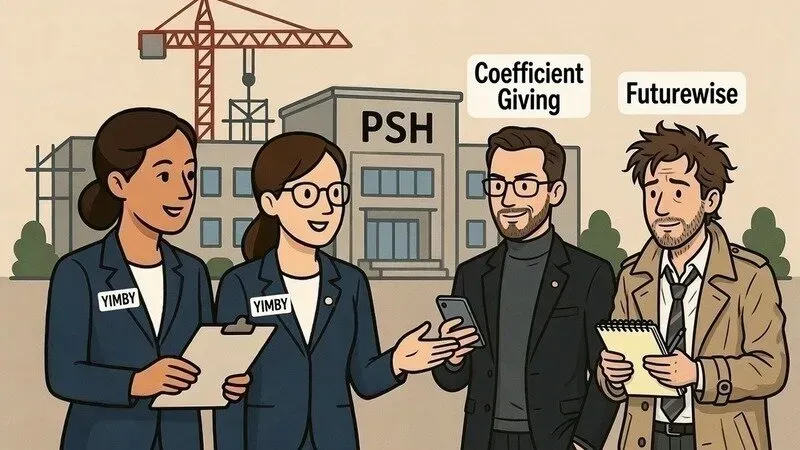 Illustration of housing advocates, Coefficient Giving, and Futurewise outside a permanent supportive housing building